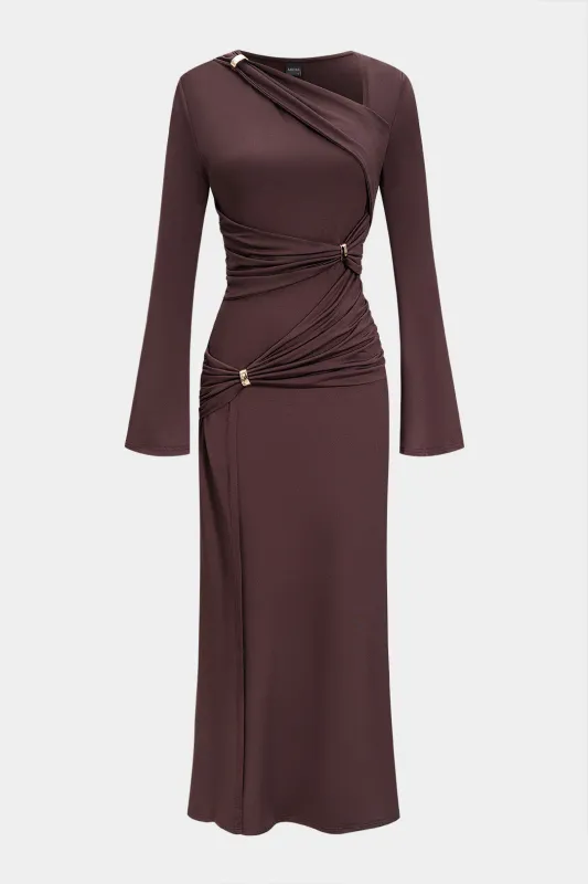 Asymmetrical Twist Knot Ruched Slit Long Sleeve Maxi Dress sold by Micas
