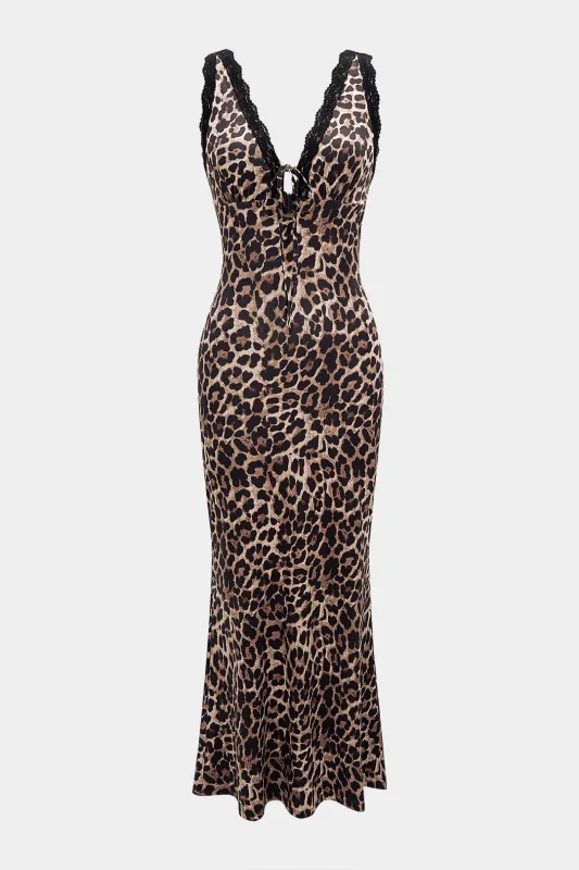 Leopard Print Lace Trim Tie Front Sleeveless Maxi Dress sold by Micas