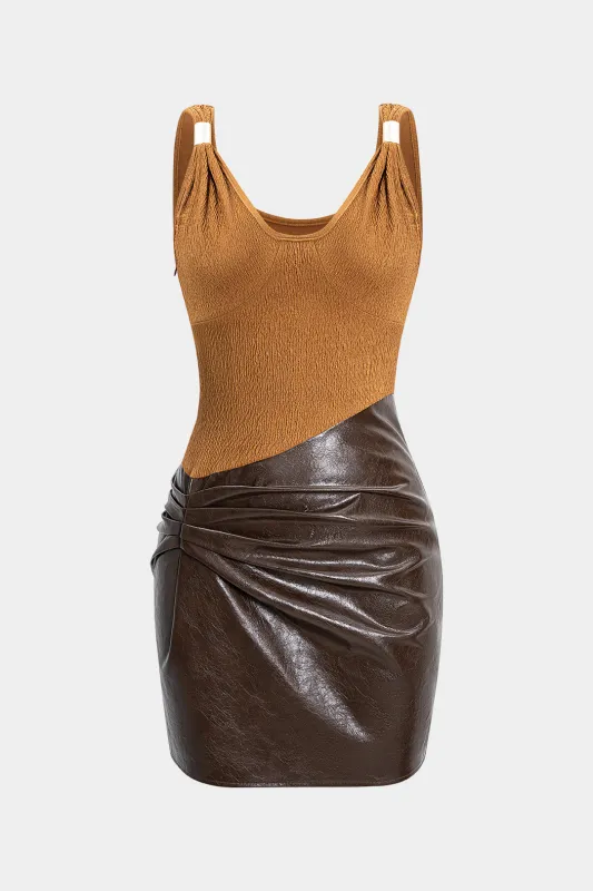 Faux Leather Jacquard Metallic Patchwork Ruched Sleeveless Midi Dress sold by Micas