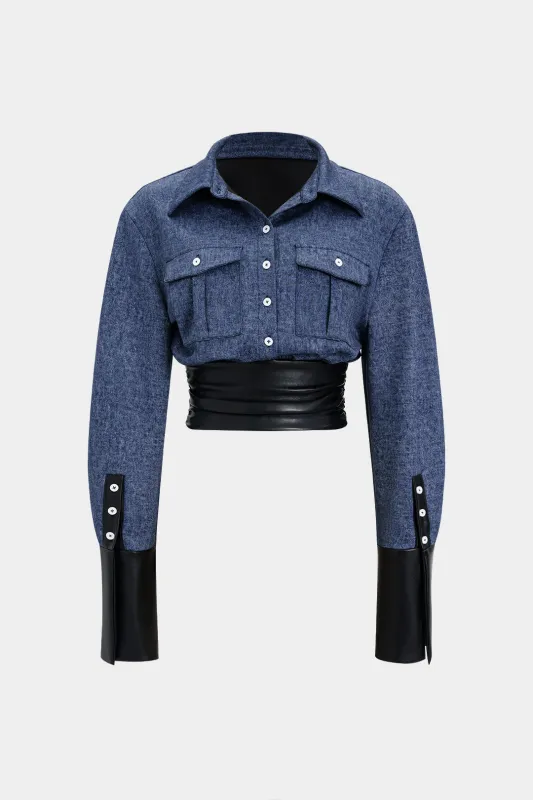 Faux Leather Button Ruched Pocket Long-Sleeve Top sold by Micas