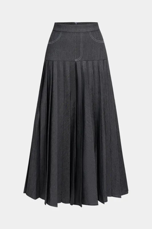 Denim Washed Pleated Zipper Skirt sold by Micas