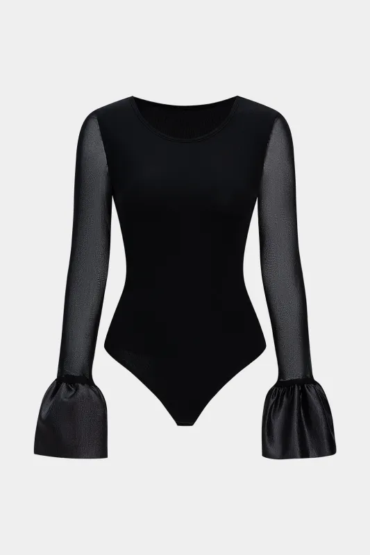 Satin Mesh Patchwork Bell Long Sleeve Bodysuit sold by Micas