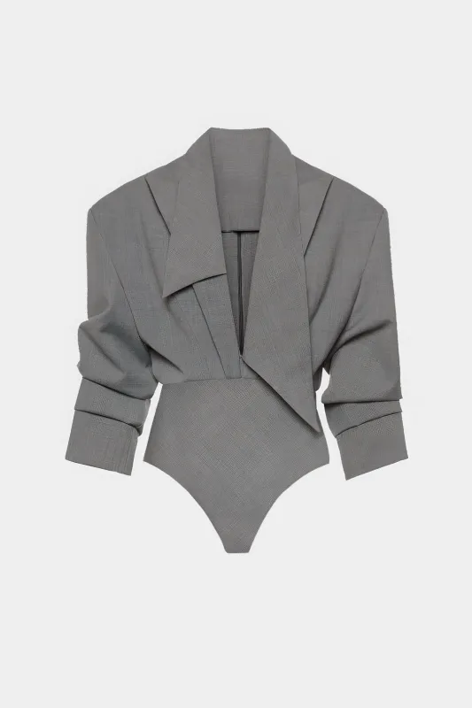Notched Lapel Asymmetrical Long Sleeve Bodysuit sold by Micas
