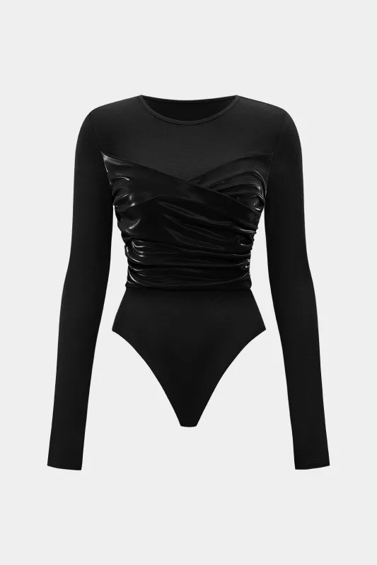 Faux Leather Patchwork Ruched Long Sleeve Bodysuit sold by Micas