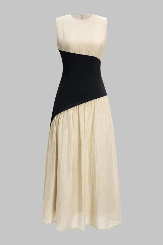 Round Neck Patchwork Ruched Zipper Asymmetrical Tank Sleeveless Maxi Dress sold by Micas