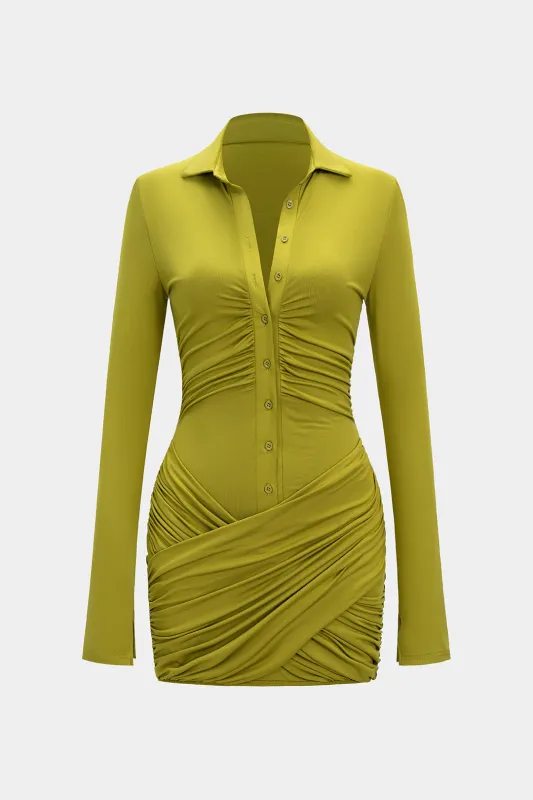 Crossed Button Ruched Long Sleeve Mini Dress sold by Micas