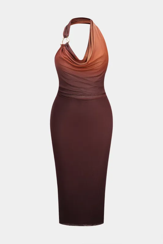Plus Size Ombre Print Mesh Draped Cowl Neck Sleeveless Maxi Dress sold by Micas