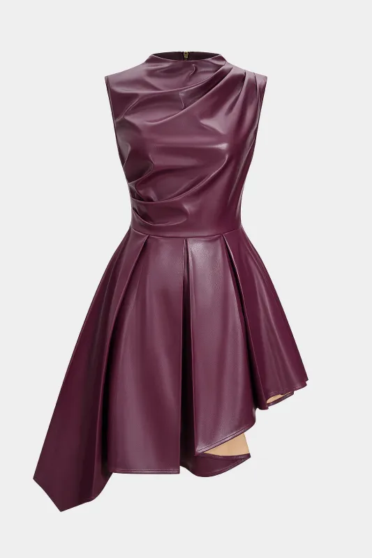 Faux Leather Asymmetrical Pleated Sleeveless Midi Dress sold by Micas