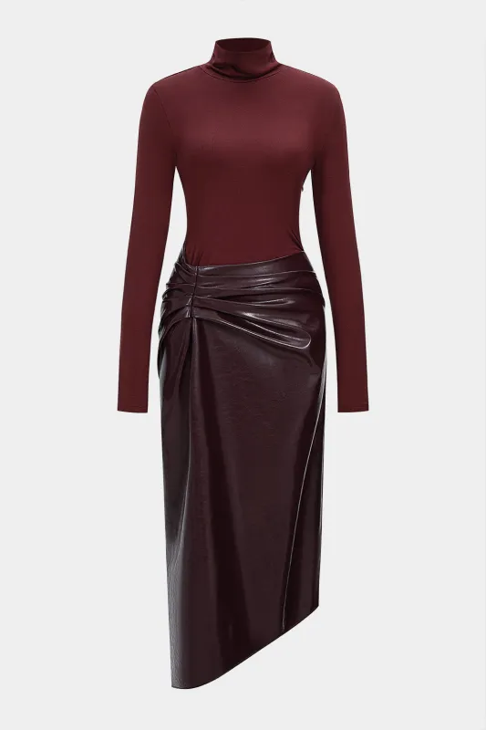 Faux Leather Patchwork Mock Neck Ruched Long Sleeve Maxi Dress sold by Micas