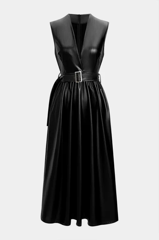 Faux Leather V-Neck Belted Sleeveless Maxi Dress made by Micas