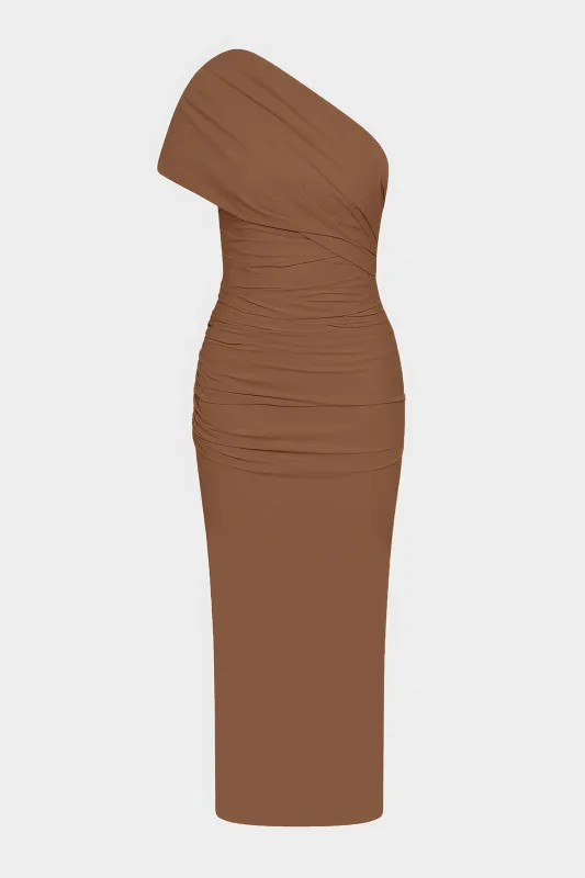 One Shoulder Ruched Zipper Asymmetrical Maxi Dress sold by Micas