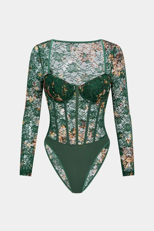 Floral Print Sheer Underwire Long Sleeve Bodysuit sold by Micas
