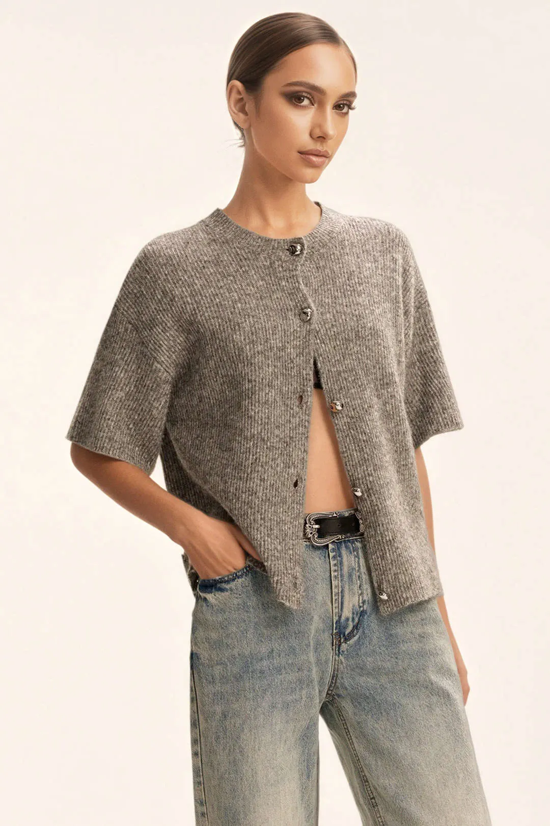 Knit Round Neck Button Cardigan sold by Micas