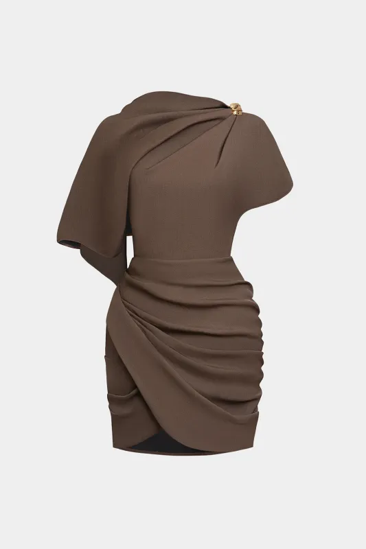 Metallic Ruched Zipper Asymmetrical Short Sleeve Mini Dress sold by Micas