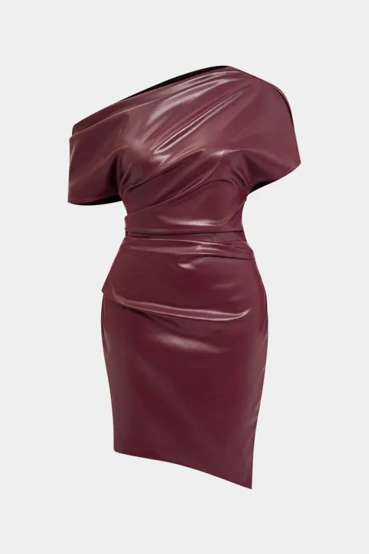 Plus Size Faux Leather Ruched One Shoulder Sleeveless Mini Dress sold by Micas