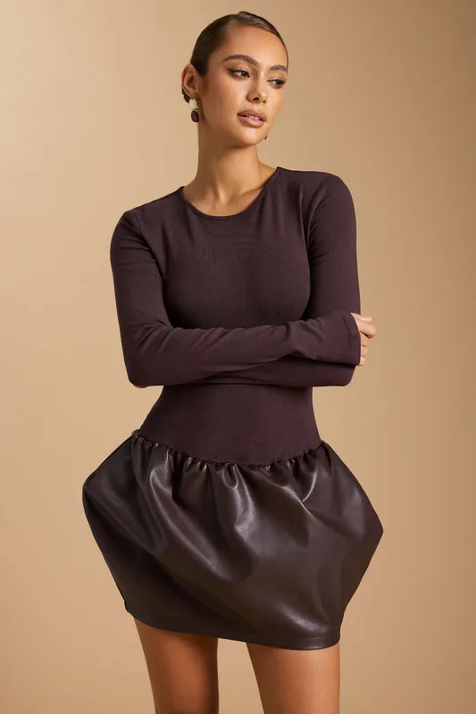 Faux Leather Round Neck Patchwork Ruched Long Sleeve Mini Dress sold by Micas