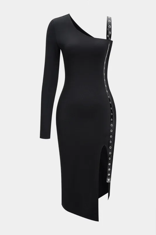 One Shoulder Side Split Long Sleeve Midi Dress sold by Micas