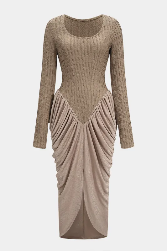 Round Neck Patchwork Ruched Long Sleeve Maxi Dress sold by Micas