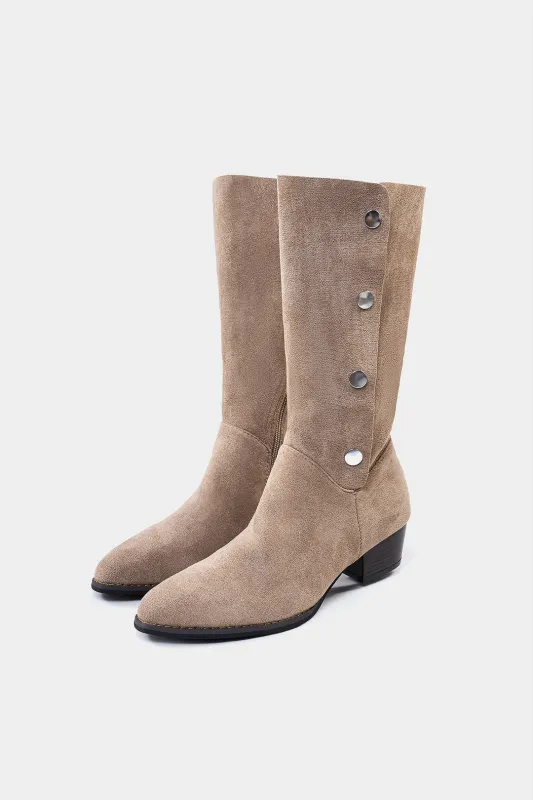 Suede Metallic Button Pointed Mid Calf Boots sold by Micas
