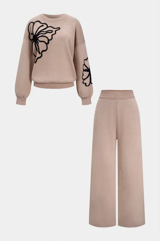 Knit Round Neck Embroidery Long-Sleeve Top And Wide Leg Pants Set sold by Micas