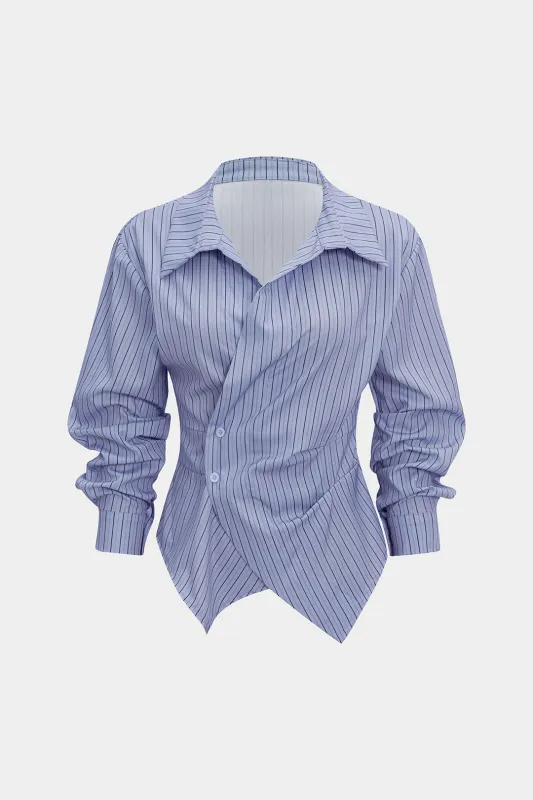 Stripes Print V-Neck Ruched Long-Sleeve Shirt sold by Micas