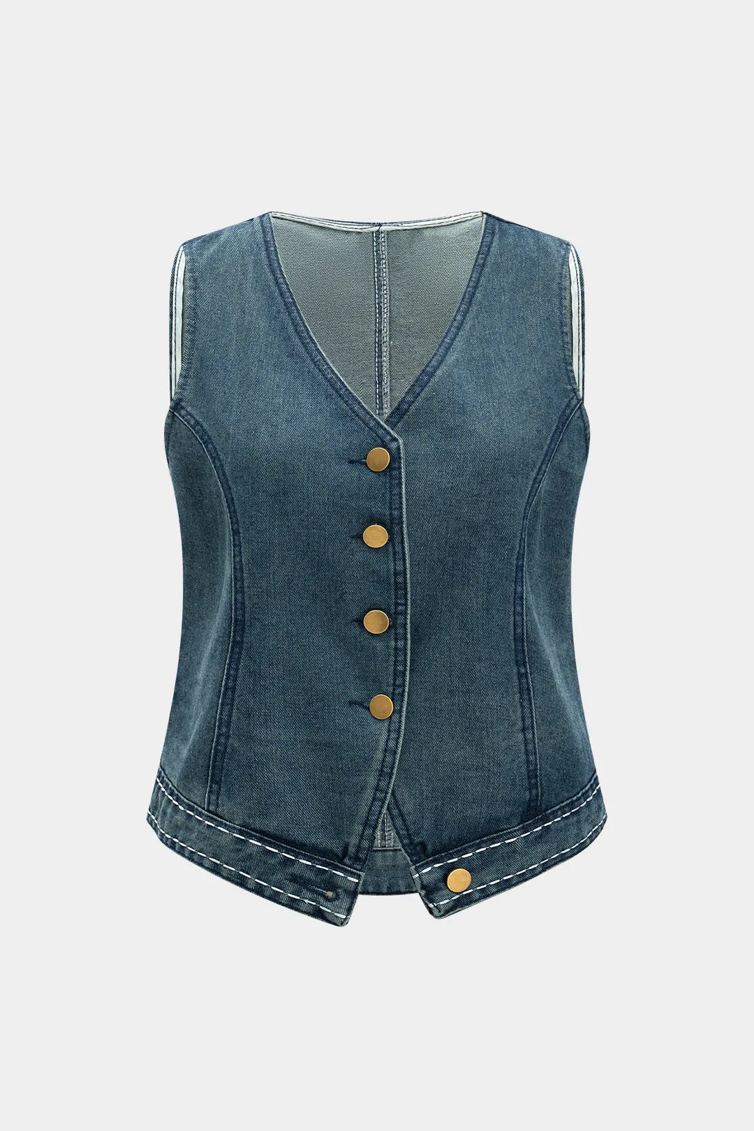 Denim v-hals ærmeløs metallisk knapvest sold by Micas
