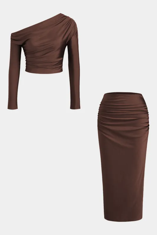 Plus Size Ruched One Shoulder Long-Sleeve Top And Skirt Set sold by Micas