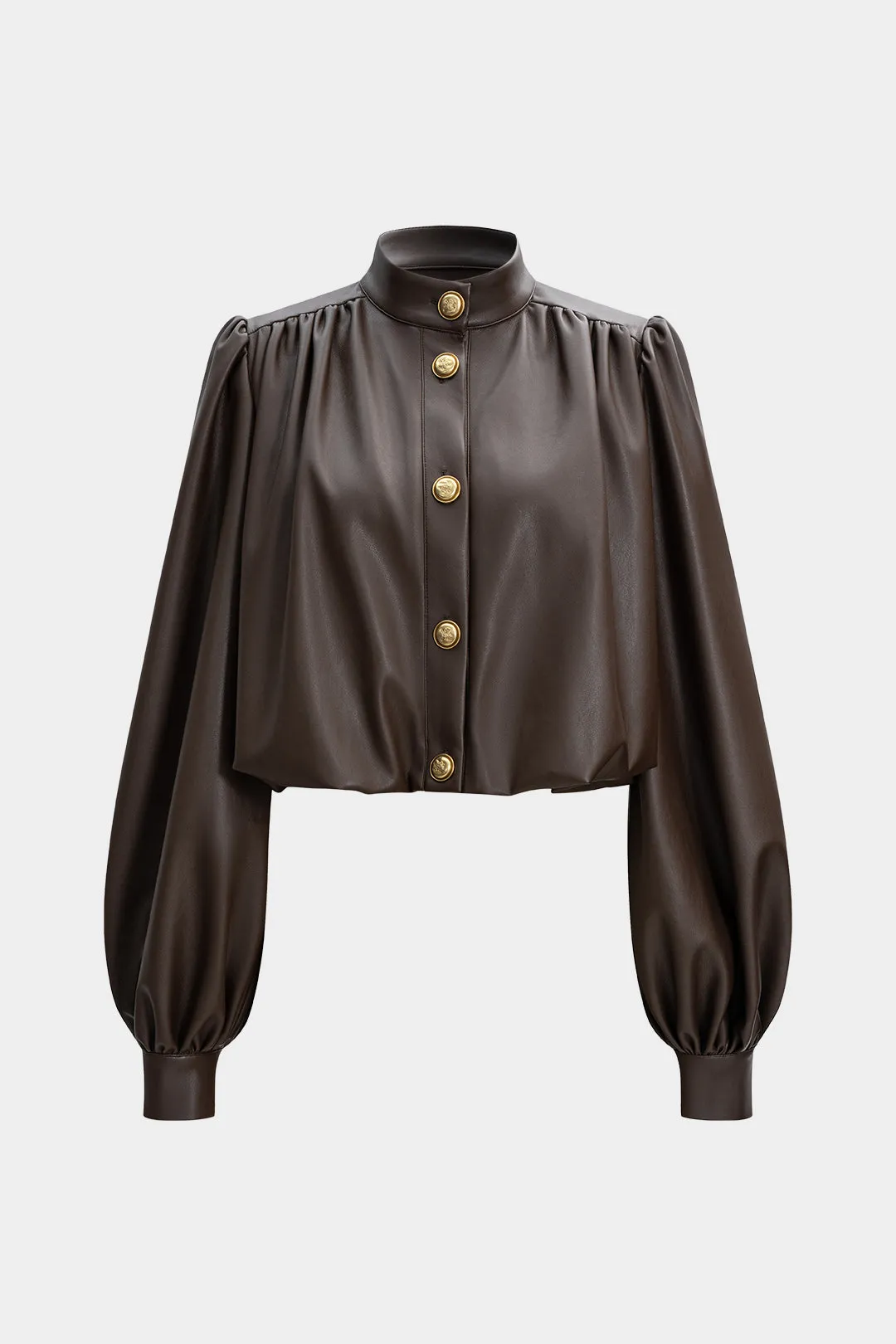 Faux Leather Mock Neck Metallic Button Ruched Jacket sold by Micas