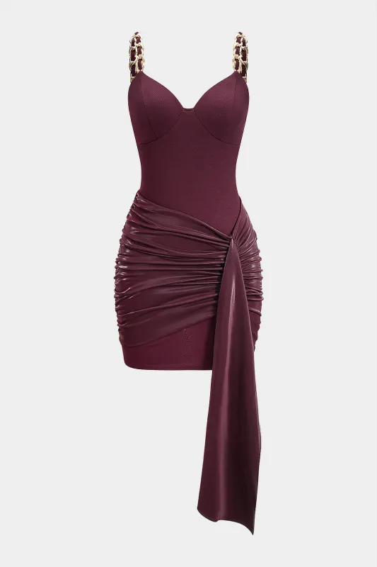 Faux Leather Chain Patchwork Ruched Sleeveless Mini Dress sold by Micas