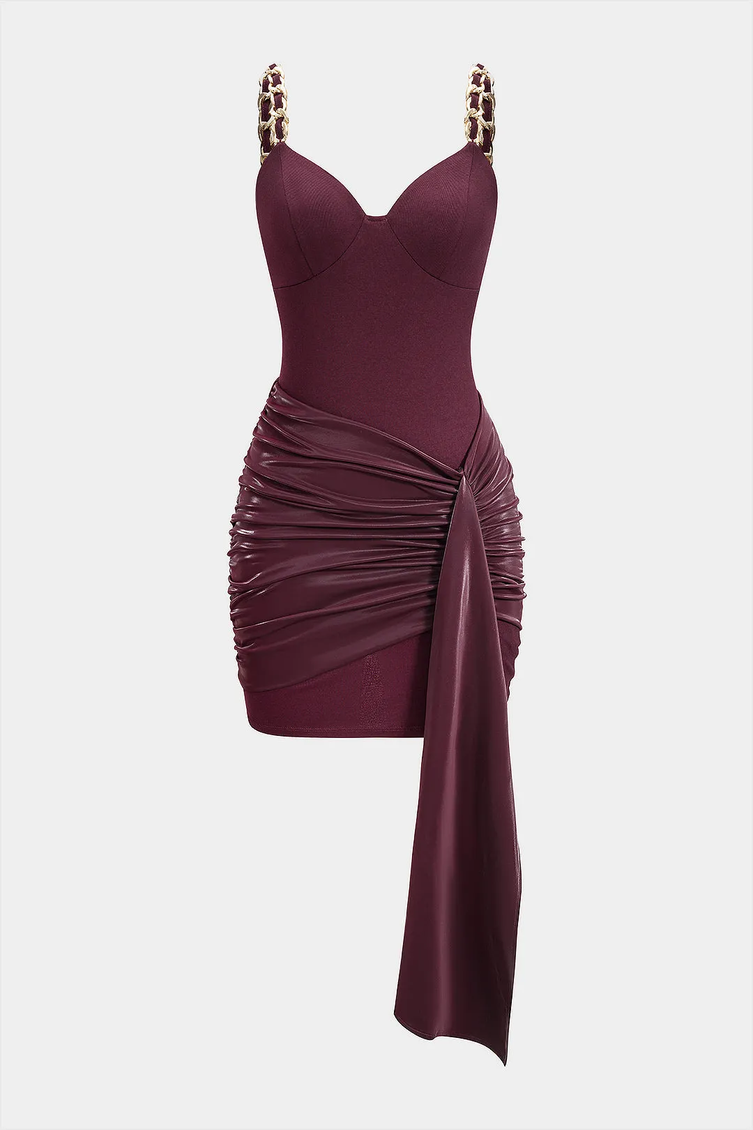 Faux Leather Chain Patchwork Ruched Sleeveless Mini Dress sold by Micas