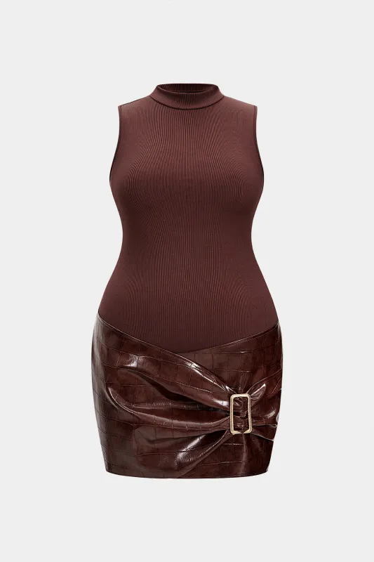 Plus Size Round Neck Faux Leather Patchwork Sleeveless Mini Dress sold by Micas