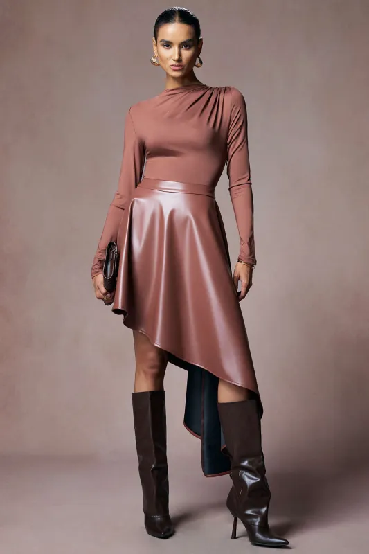 Faux Leather Patchwork Ruched Long Sleeve Midi Dress sold by Micas