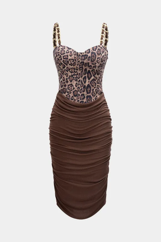 Leopard Print Ruched Chain Slip Sleeveless Midi Dress sold by Micas