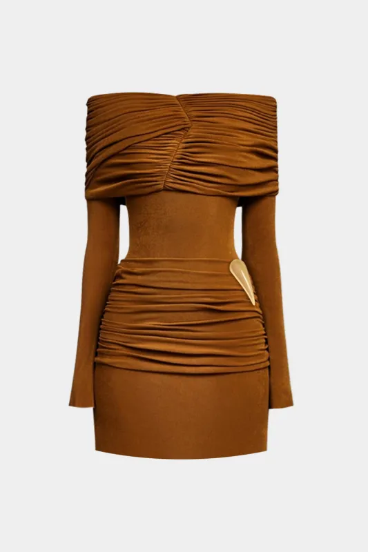 Off Shoulder Metallic Decor Ruched Long Sleeve Mini Dress sold by Micas