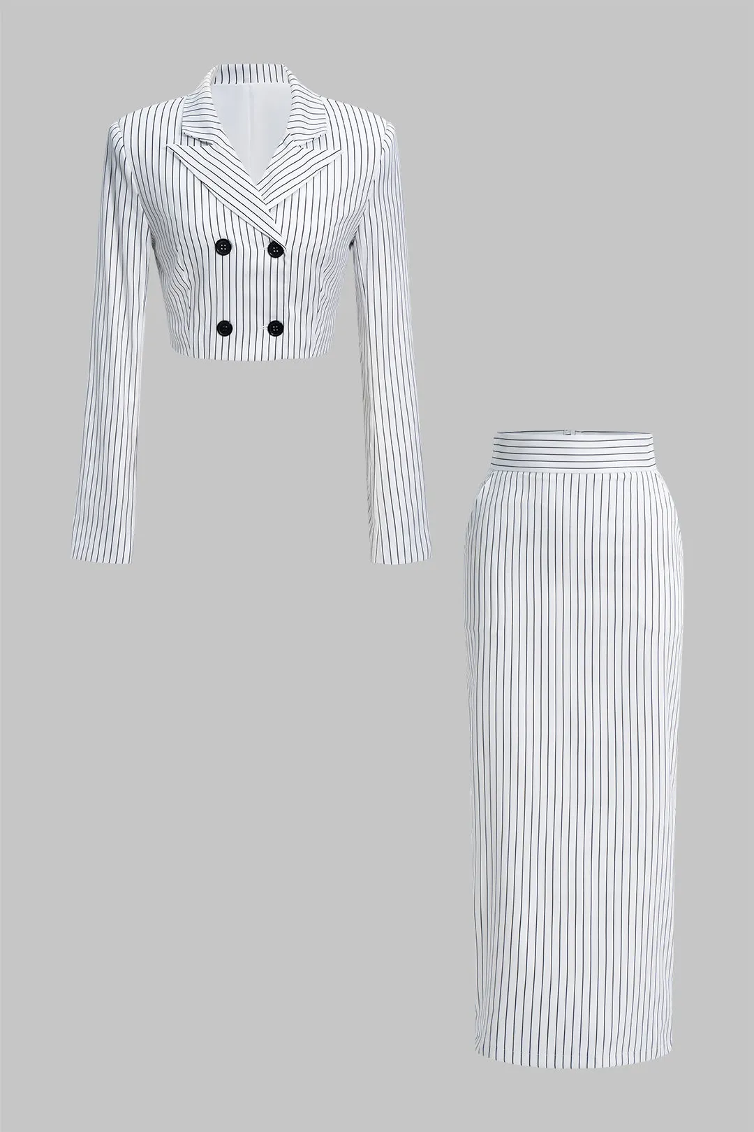 Stripes Print Notched Lapel Long-Sleeve Top And High Waist Skirt Set sold by Micas