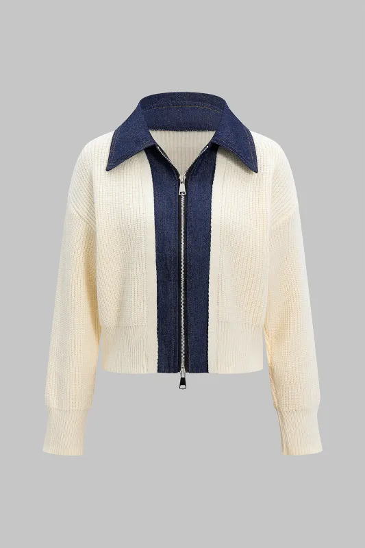 Knit Patchwork Zipper Cardigan sold by Micas