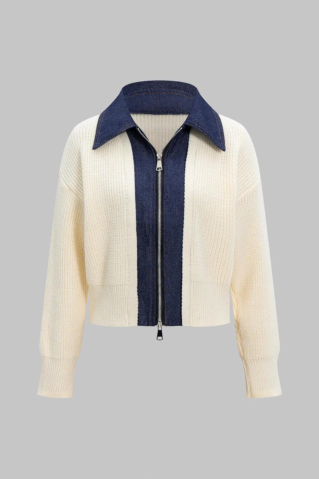 Knit Patchwork Zipper Cardigan sold by Micas