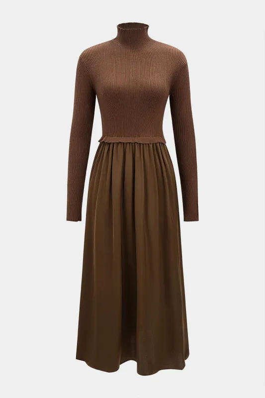 Satin Patchwork Knit Mock Neck Ruched Long Sleeve Maxi Dress sold by Micas