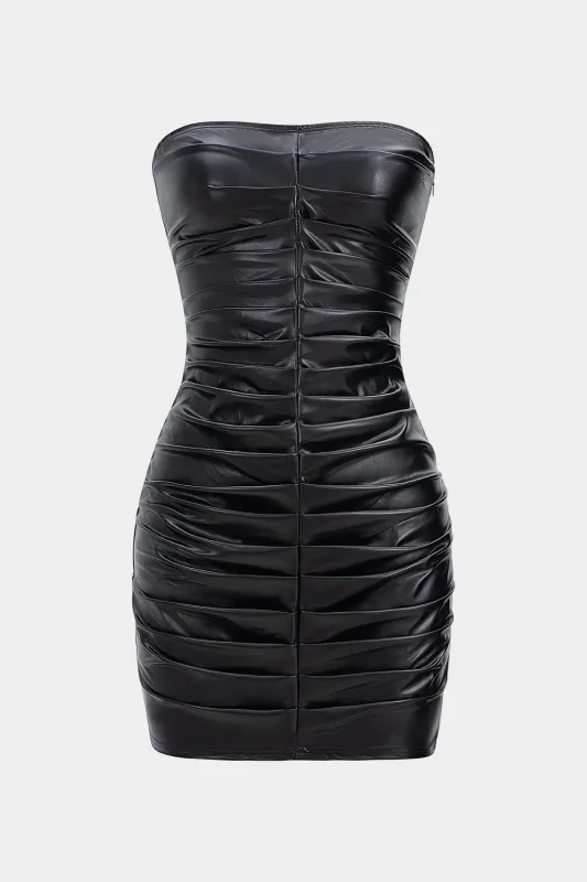 Faux Leather Pleated Strapless Sleeveless Mini Dress sold by Micas