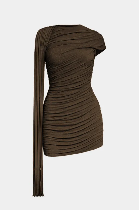 Boat Neck Ruched Asymmetrical Short-Sleeve Mini Dress sold by Micas