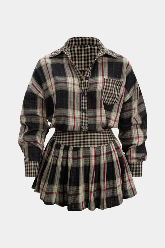 Plus Size Plaid Print Button Long-Sleeve Shirt And Mini Skirt Set sold by Micas