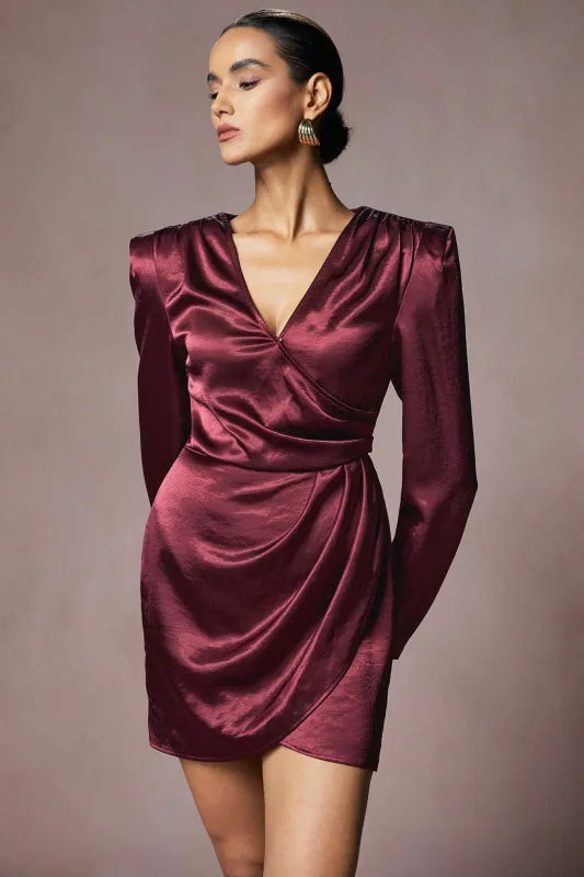 Satin Ruched V-Neck Long Sleeve Mini Dress sold by Micas