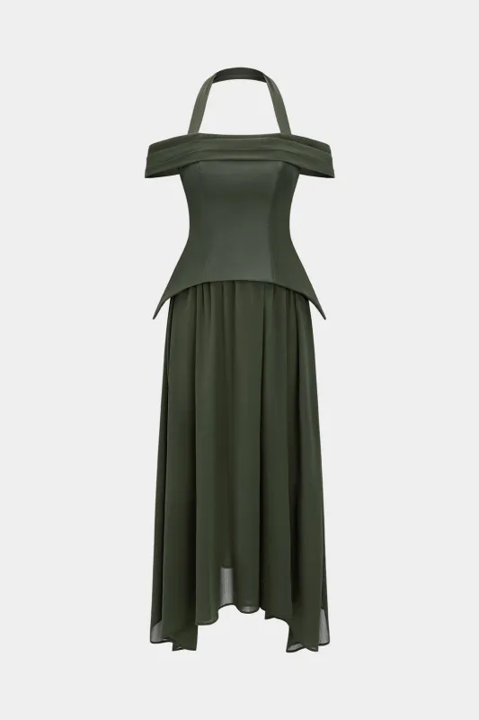 Chiffon Faux Leather Patchwork Halter Neck Sleeveless Midi Dress sold by Micas