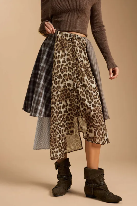 Plaid Leopard Print Patchwork Irregular Skirt sold by Micas
