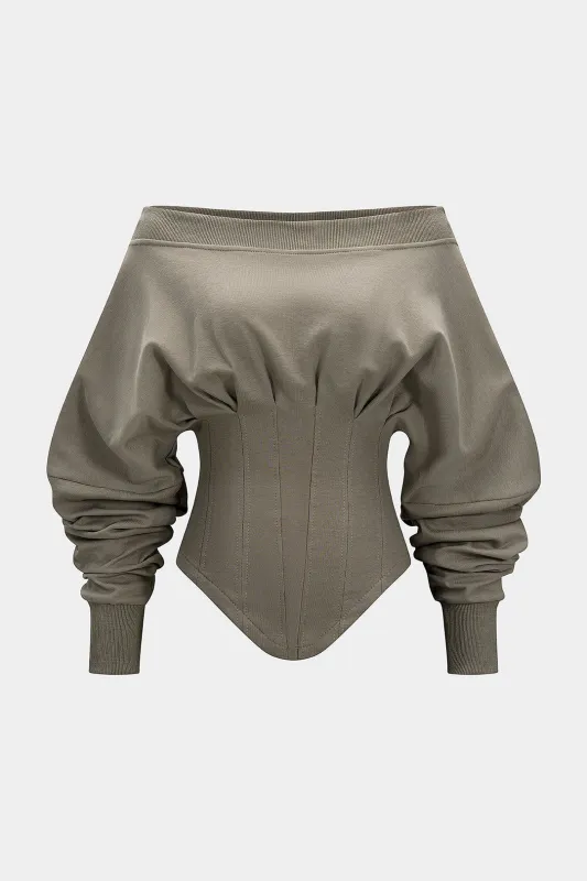 Off Shoulder Metallic Pleated Zipper Waist-Cinching Sweatshirt sold by Micas