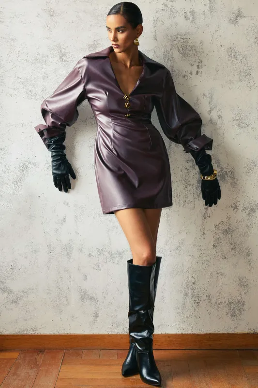 Faux Leather Button Zipper Long Sleeve Mini Dress sold by Micas