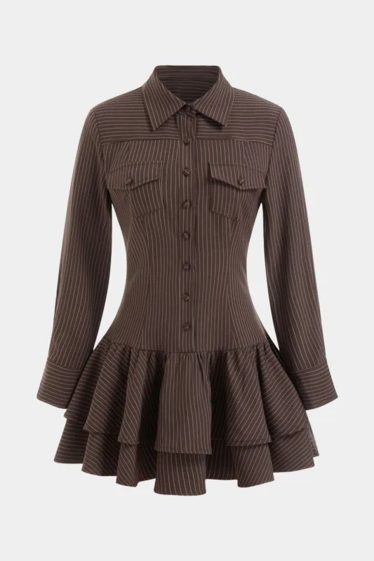 Stripes Print Button Tie-Back Puff Hem Long Sleeve Midi Dress sold by Micas