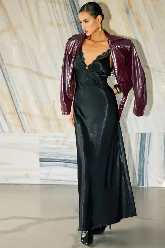 Satin Lace Trim Slip Sleeveless Maxi Dress sold by Micas