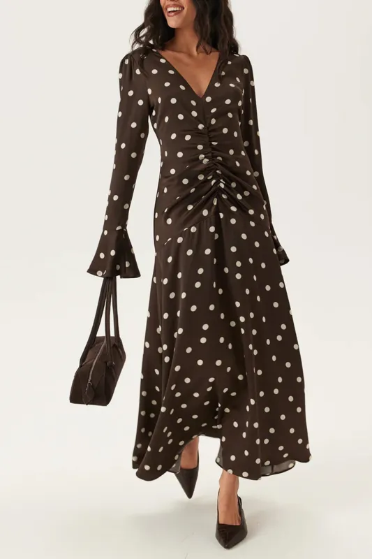 Polka Dots Print Ruched V-Neck Long Sleeve Maxi Dress sold by Micas