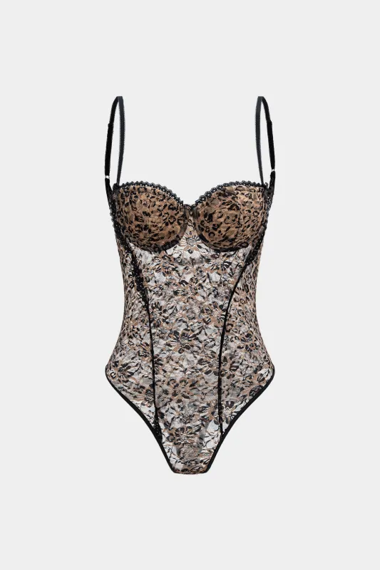 Leopard Print Lace Patchwork Backless Sleeveless Bodysuit sold by Micas